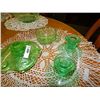 Image 1 : DEPRESSION GLASS - EMERALD GLASS - TAPER CANDLE HOLDERS (3) & 1 TEA CUP