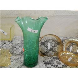 DEPRESSION GLASS - CRACKLE GLASS - GREEN GLASS - VASE