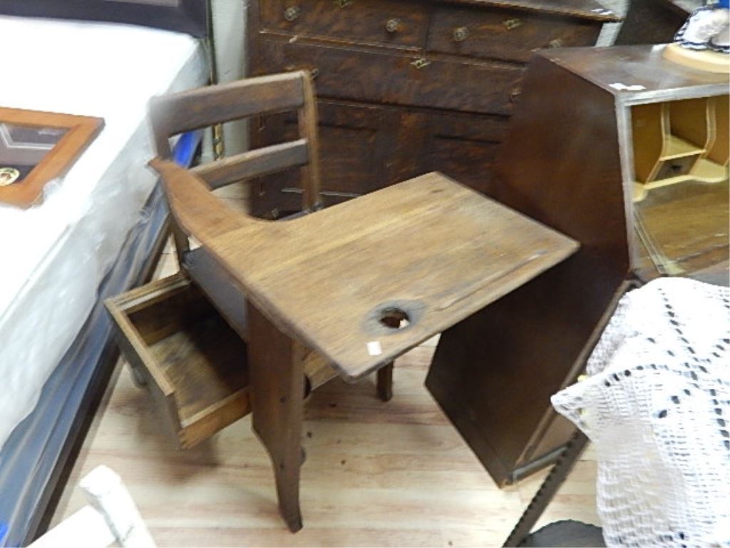 VINTAGE WOOD SCHOOL DESK WITH HOLE FOR INK WELL