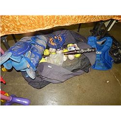 LARGE BAG OF SOFTBALL GEAR - CATCHER GEAR, LOTS OF BALLS AND A BAT