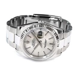 36mm Gents Rolex Stainless Steel Oyster Perpetual Datejust Watch. Silver Dial. 18k White Gold Fluted