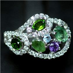 STERLING SILVER EMERALD, AMETHYST, PERIDOT & TOPAZ RING SIZE 8