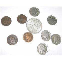 10 TOTAL U.S. COINS INCLUDES SILVER KENNEDY HALF DOLLAR/INDIAN HEAD CENTS & BUFFALO NICKELS!!