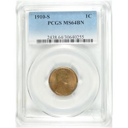1910-S LINCOLN CENT PCGS MS-64 BN