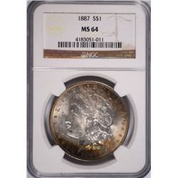 1887 MORGAN DOLLAR NGC MS-64 RAINBOW TOP AND BOTTOM OBVERSE