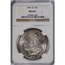 1891-CC MORGAN SILVER DOLLAR, NGC MS-63+