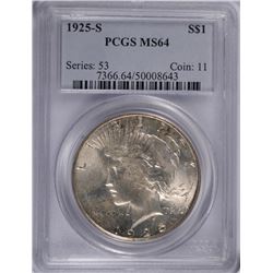1925-S PEACE SILVER DOLLAR, PCGS MS-64 SEMI-KEY,  VERY NICE WHITE COIN