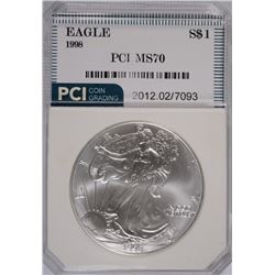 1998 AMERICAN SILVER EAGLE, PCI MS-70!  PERFECT, RARE!!  BOOKS FOR $1400.00