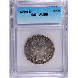 1908-D BARBER HALF DOLLAR ICG AU-55