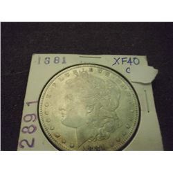 1881 MORGAN SILVER DOLLAR, AU-58