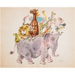 Marshall Goodman, Animals Riding an Elephant, Watercolor Painting