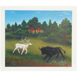 Ivan Generalic, White Deer and Bull, Serigraph