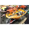 Image 1 : WHEEL BARROW WITH ASSORTED TOOLS, WORK LIGHTS, HEAVY DUTY CASTERS, SLEDGE HAMMERS ETC
