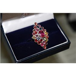 LADIES STERLING SILVER DRESS RING, BOLD MARQUISE SHAPED CLUSTER WITH APPROX 1.25CARAT RUBIES AND 28