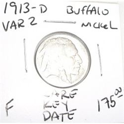 1913-D VARIETY 2 *EXTREMELY RARE-KEY DATE* BUFFALO NICKEL FINE GRADE RED BOOK VALUE $175.00+!!