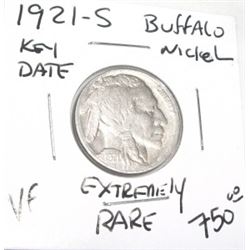 1921-S *EXTREMELY RARE-KEY DATE* BUFFALO NICKEL VERY FINE GRADE RED BOOK VALUE $750.00+!! BUFFALO NI