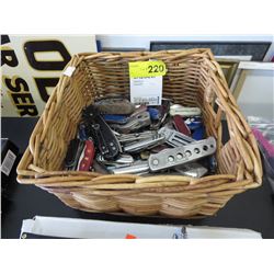 Used folding  & pocket knives in wicker basket