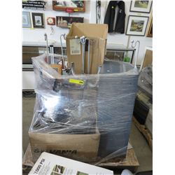 Skid of industrial furniture & lights - used