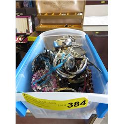 Small plastic bin of costume fashion jewelry, etc.
