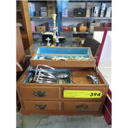 Vintage wood jewelry box & contents