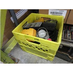 Milk crate of drill bits, electrical cords, etc.