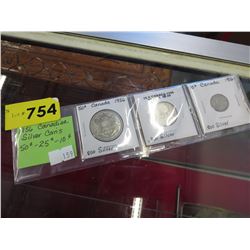 3 - 1956 Canadian Silver coins - .50¢, .25¢, .10¢