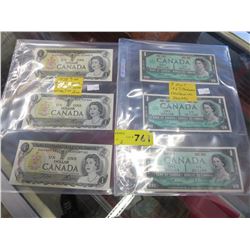 6 Canadian $1 bills - 1967 & 1973  - 3 are mint