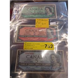 1954 Canadian bills - $1, $2, $5