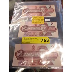 3x 1986 Canadian $2 bills - Last year