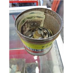 Old tobacco tin with foreign coins & bills