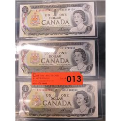 3 Uncirculated 1973 CDN $1 bills with holders
