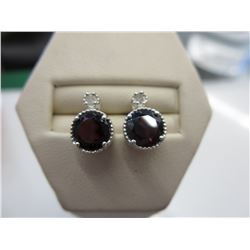 2 Carat Round Red Garnet Earrings Set with 2 Diamonds