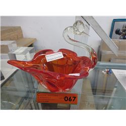 Mid century fire red art glass swan bowl