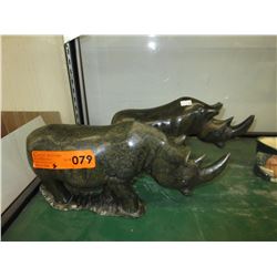 2 Hand carved soapstone rhinoceros statues
