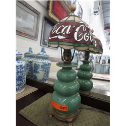 Green ceramic lamp with faux glass Coca-Cola shade