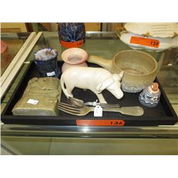 Tray of assorted soapstone, carvings & pottery