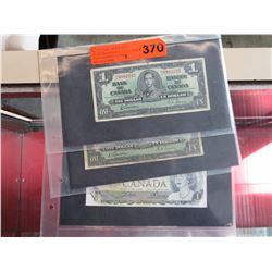 3 Old Canadian circulated $1 bank notes