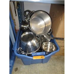 Tote of kitchen pots & pans- used
