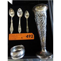 Sterling Silver vase, napkin ring & 3 spoons