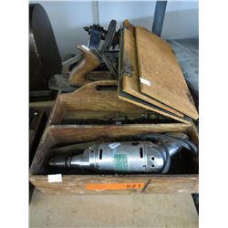 Vintage wood tool caddy & contents
