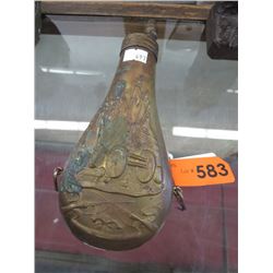 Vintage embossed brass gun powder flask