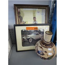 Glazed ceramic vase & 4 framed pictures