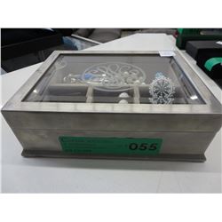 Etched glass & pewter jewelry box & contents