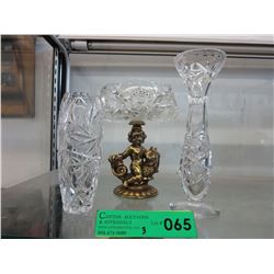 2 Pinwheel crystal vases & candy dish