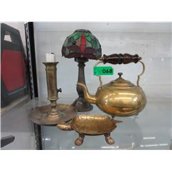 Brass toddy kettle, pushup candle stick & others