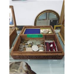 Carved wood box & contents