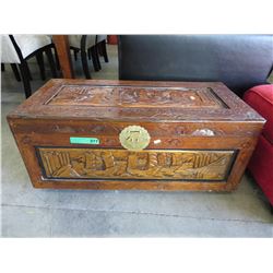 Carved wood chest on casters - Oriental motif