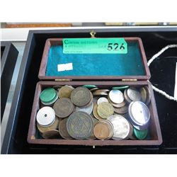 Vintage wood box of assorted coins & tokens
