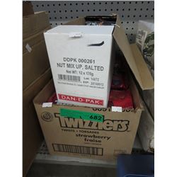 Case of Twizzler's candy & bags of nut mix