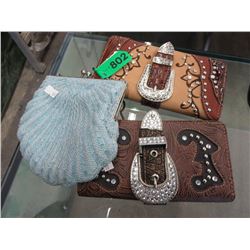 2 New wallets and a used beaded bag